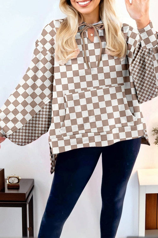 Khaki Double Checkered Patchwork Tie Neck Oversize Hoodie