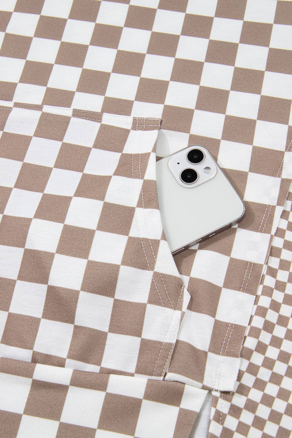 Khaki Double Checkered Patchwork Tie Neck Oversize Hoodie