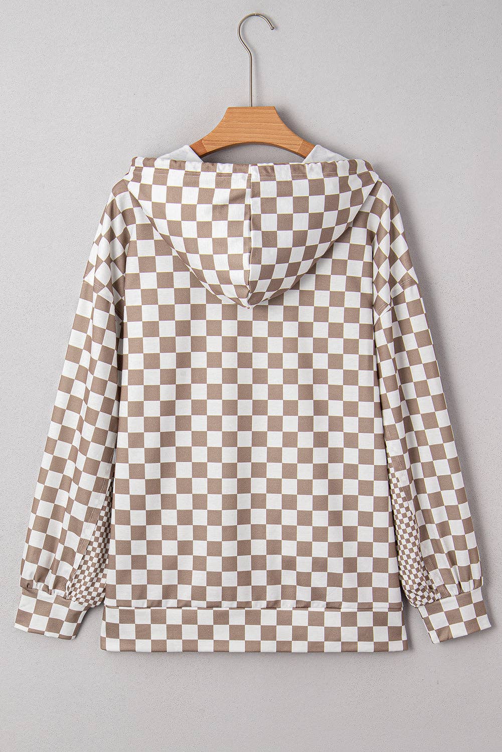 Khaki Double Checkered Patchwork Tie Neck Oversize Hoodie
