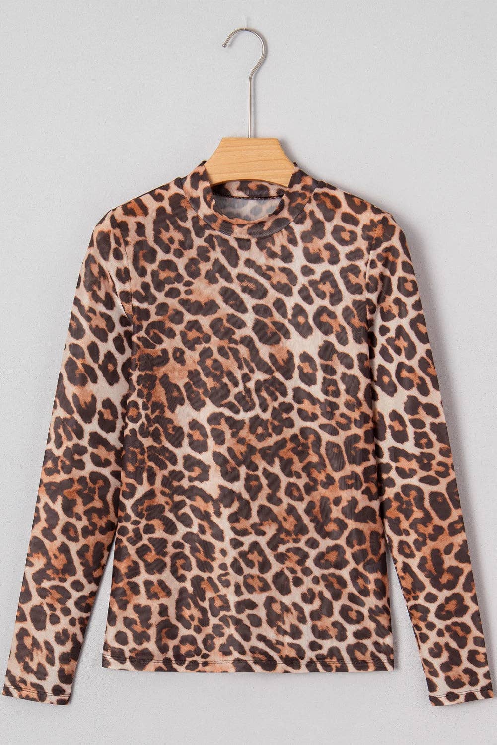 Brown Leopard Mock Neck Long Sleeve Mesh Top