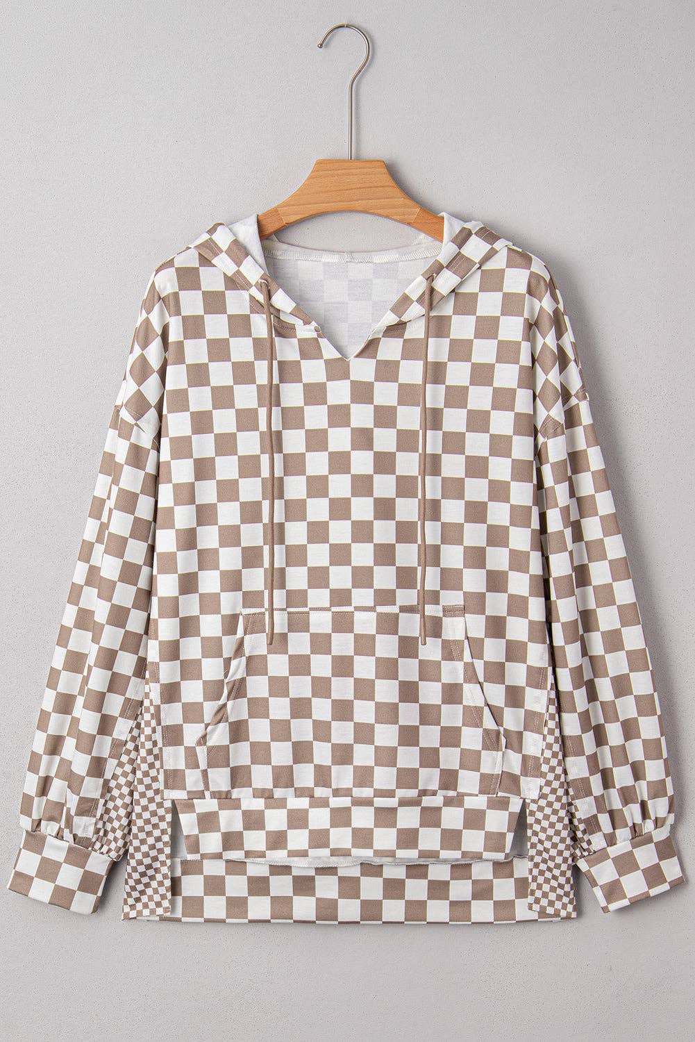 Khaki Double Checkered Patchwork Tie Neck Oversize Hoodie